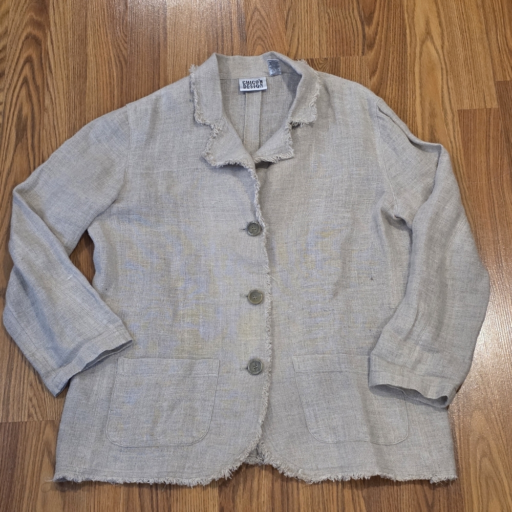 Chico’s Beige Linen Jacket Women’s Size 1 (Med) Raw Edge Frayed Trim Lightweight